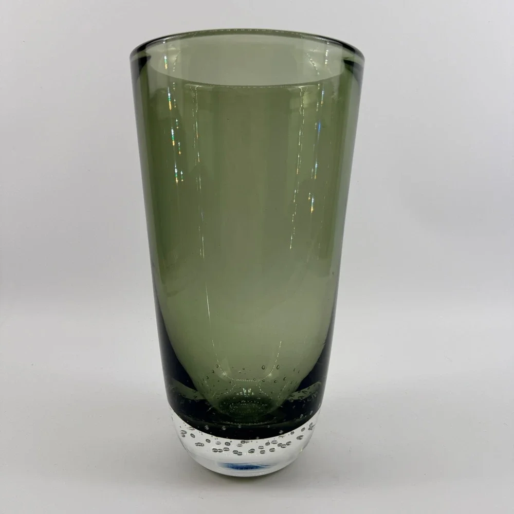 Attributed Carl Erickson Studio Art Glass Olive Green Bubble Cylinder Vase